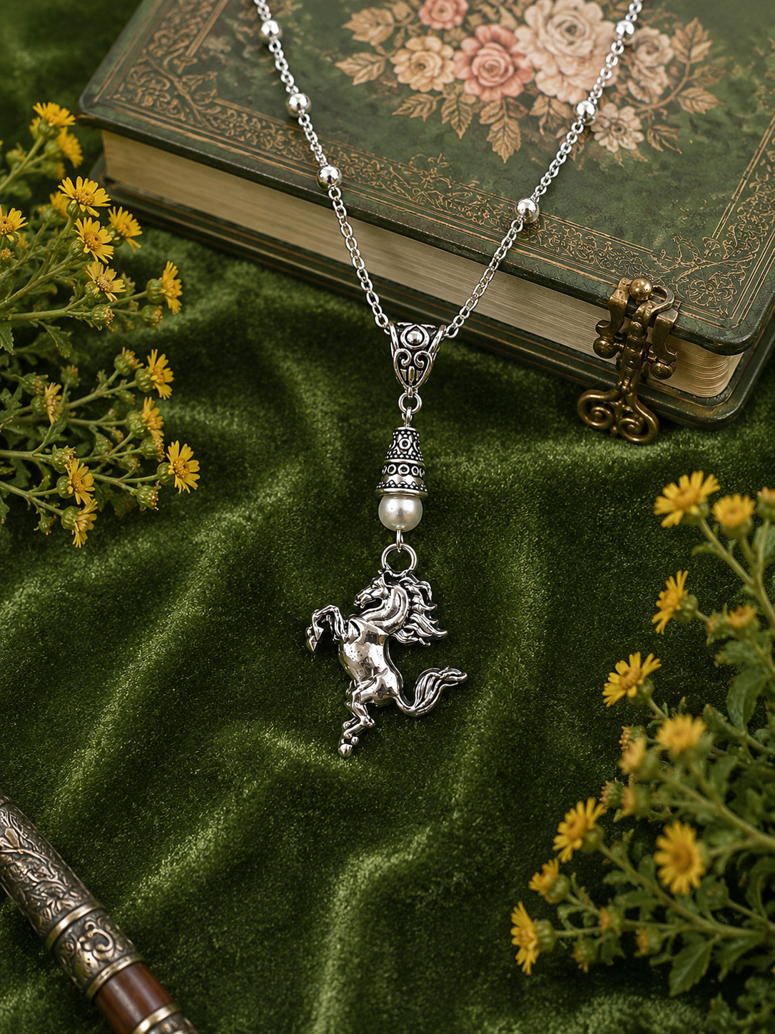 Horse Handmade Necklace on a Sterling Silver Chain with a White Accent