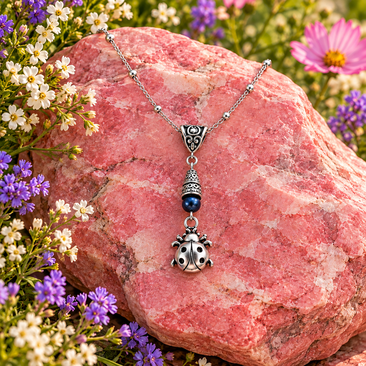 Ladybug Necklace Rock Flowers ChatGPT.png