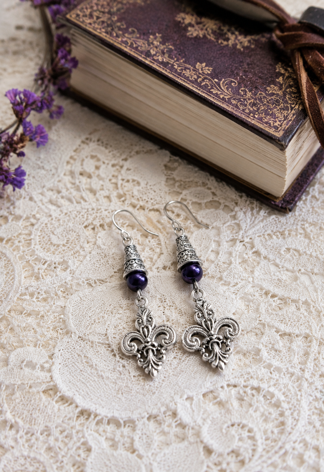 Fleur De Lis Purple Earrings Lace ChatGPT.png