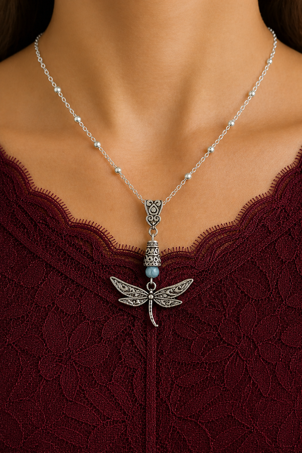 Dragonfly Handmade Necklace on a Sterling Silver Chain with a Light Blue Accent