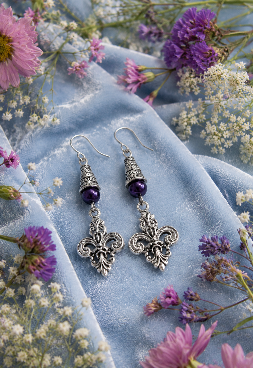 Fleur De Lis Earrings Purple Accent Velvet Flowers ChatGPT.png