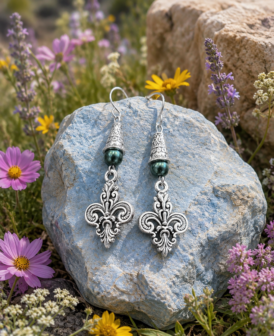 Fleur De Lis Green Earrings Rock Flowers ChatGPT.png
