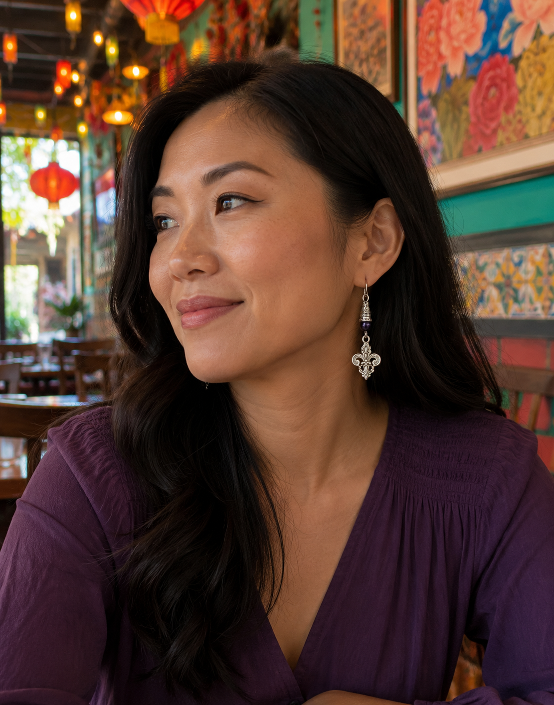 Fleur De Lis Purple Earrings Asian Model ChatGPT.png