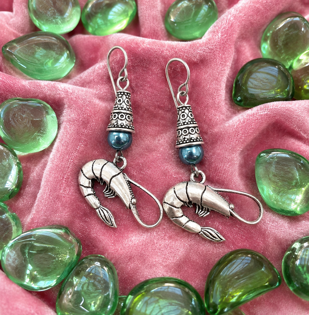 Shrimp Handmade Earrings with a Blue Accent