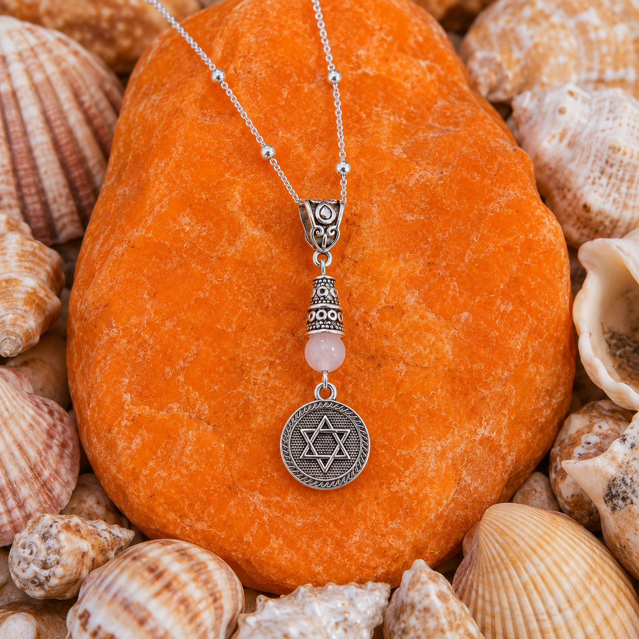 Jewish Star Of David Rose Quartz Handmade Necklace on a Sterling Silver Chain