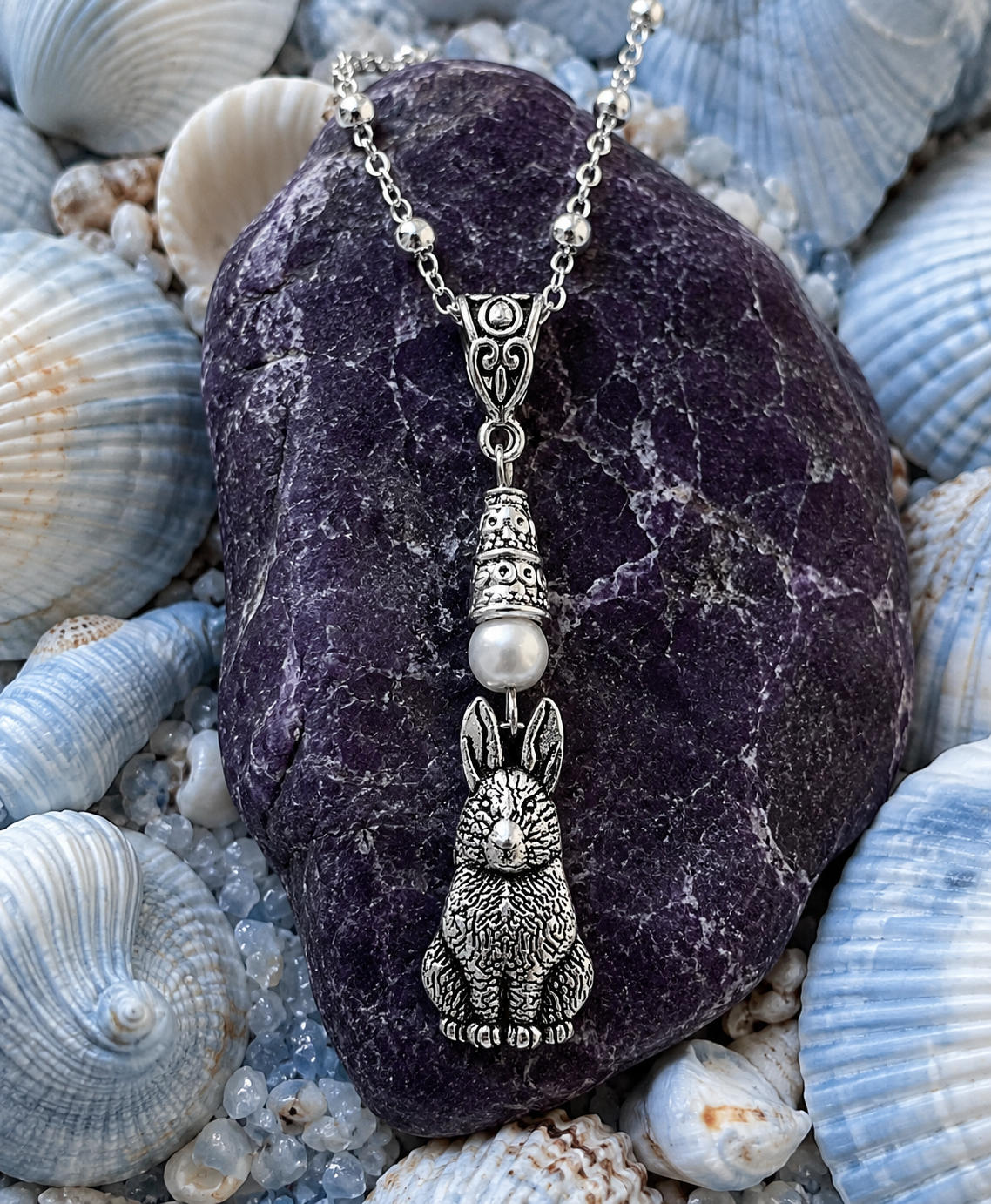 Rabbit Handmade Necklace on a Sterling Silver Chain with a White Accent