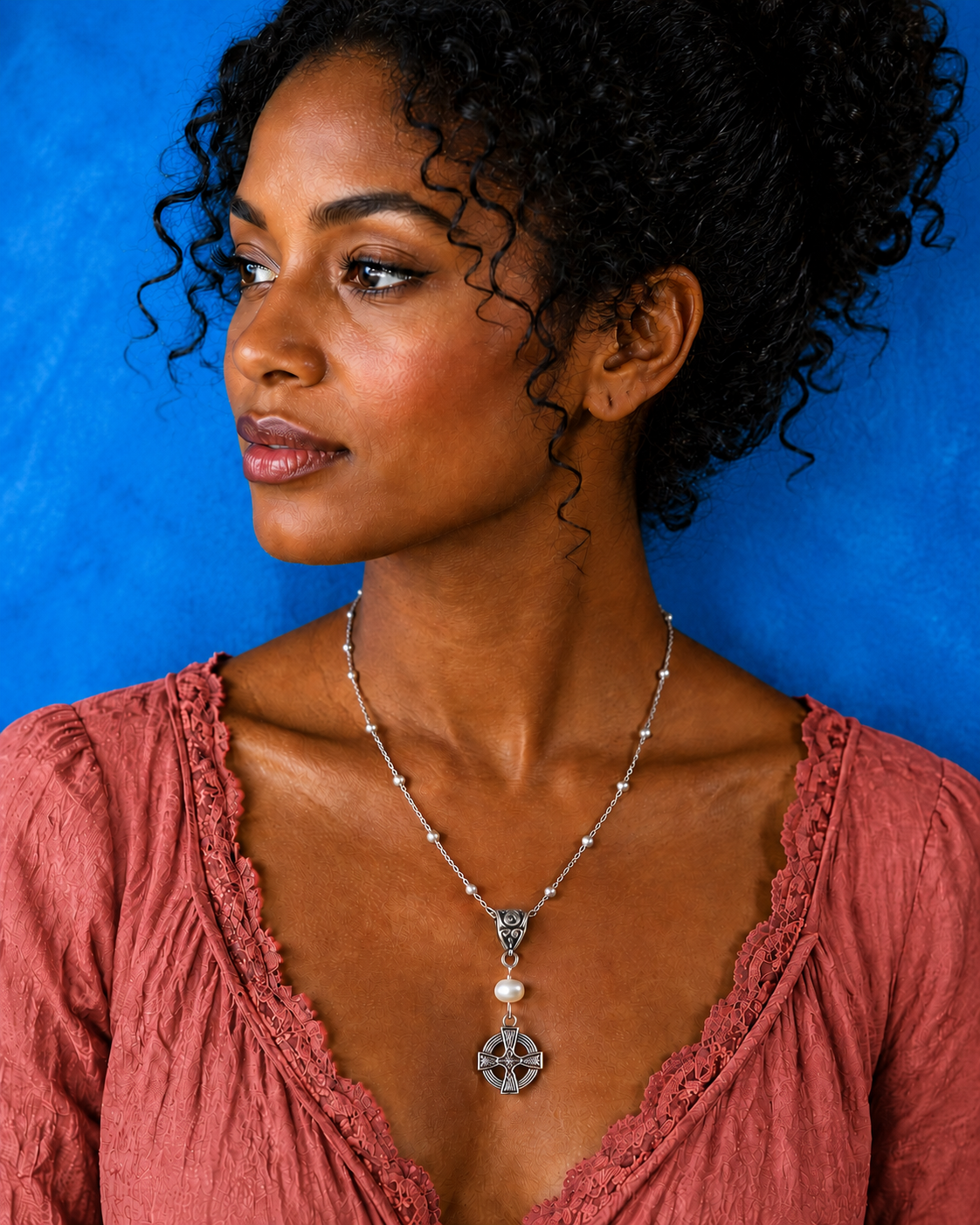 Celtic Cross Pearl Handmade Necklace on a Sterling Silver Chain