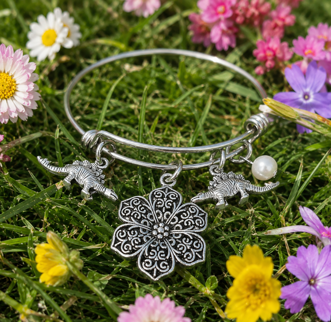 Dinosaur Pearl Bracelet Grass Flowers ChatGPT.png