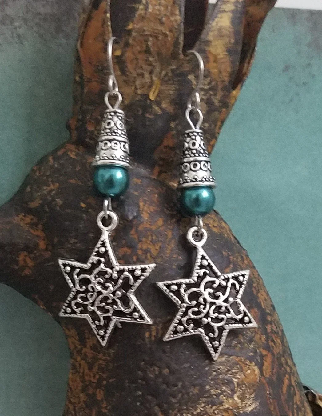 Silver & Green Teal Star Of David Earrings 89.jpg