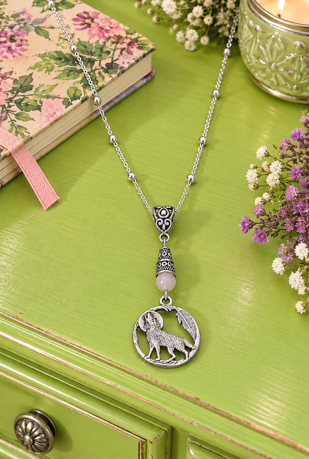 Wolf Rose Quartz Necklace Lime Green Dresser ChatGPT.png