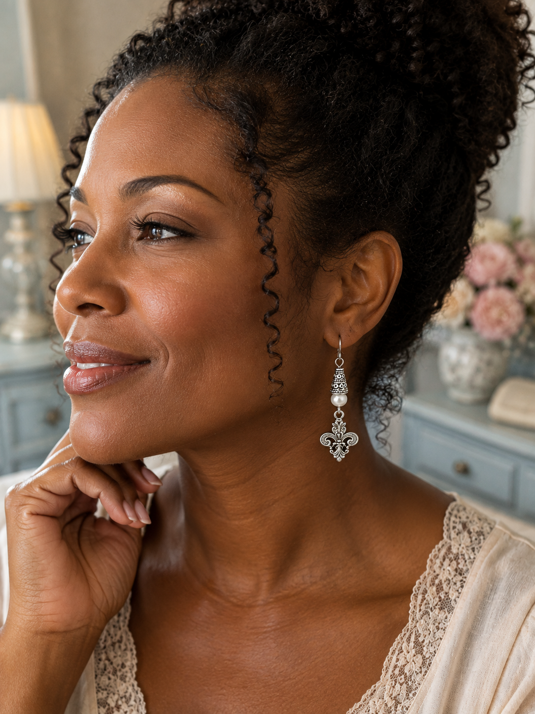 Fleur De Lis Earrings White Accent Woman ChatGPT.png
