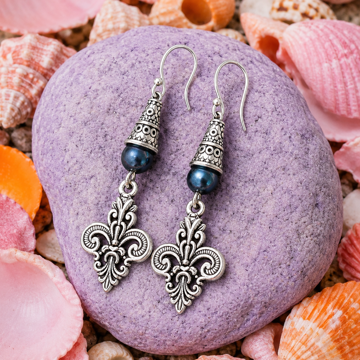 Fleur De Lis Handmade Earrings with a Blue Accent