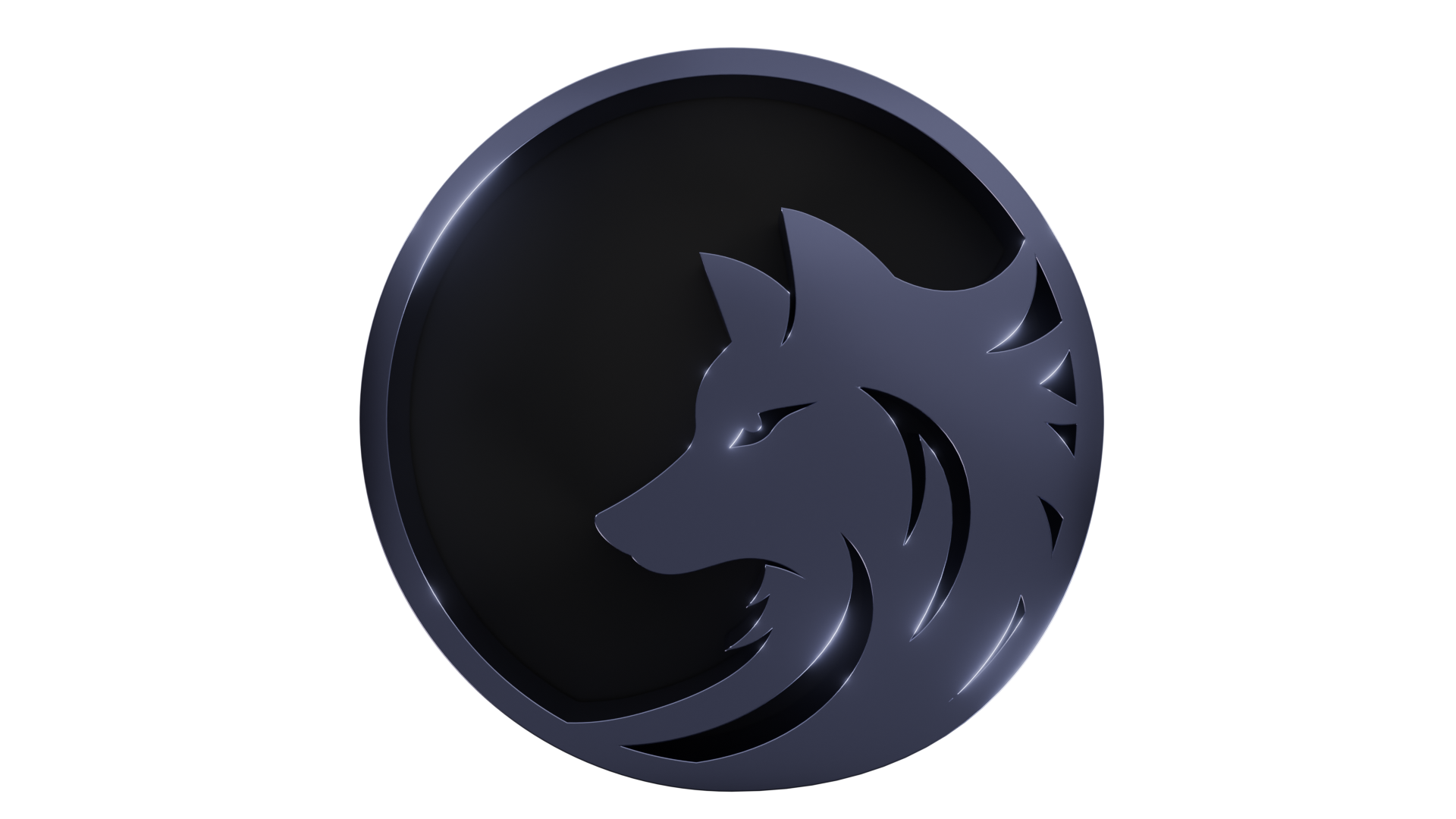 A circular emblem featuring a stylized lion's head silhouette in a metallic, dark gray color on a black background.