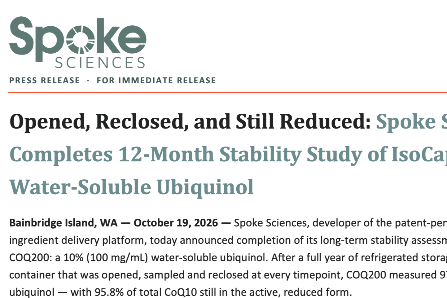 Opened, Reclosed, and Still Reduced: Spoke Sciences Completes 12-Month Stability Study of IsoCaps™ Water-Soluble Ubiquinol