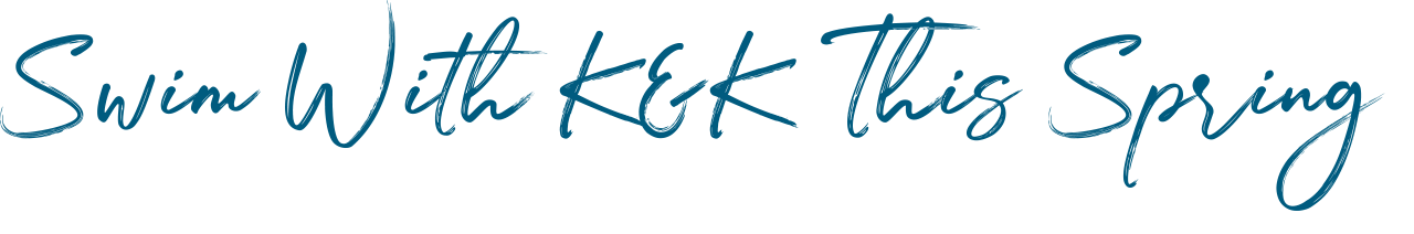 Text on image reads 'Swim With KEK This Spring' in stylish blue script