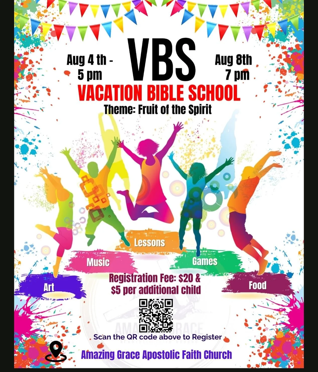 Come and join us for our 2nd VBS
Aug 4-8, 2025 5:00 to 7:00pm
Registration is first come first serve. 

Fee: $20 for first child in the family and then $5 for each child after. 

Registration link below. 
https://docs.google.com/forms/d/e/1FAIpQLSdIo