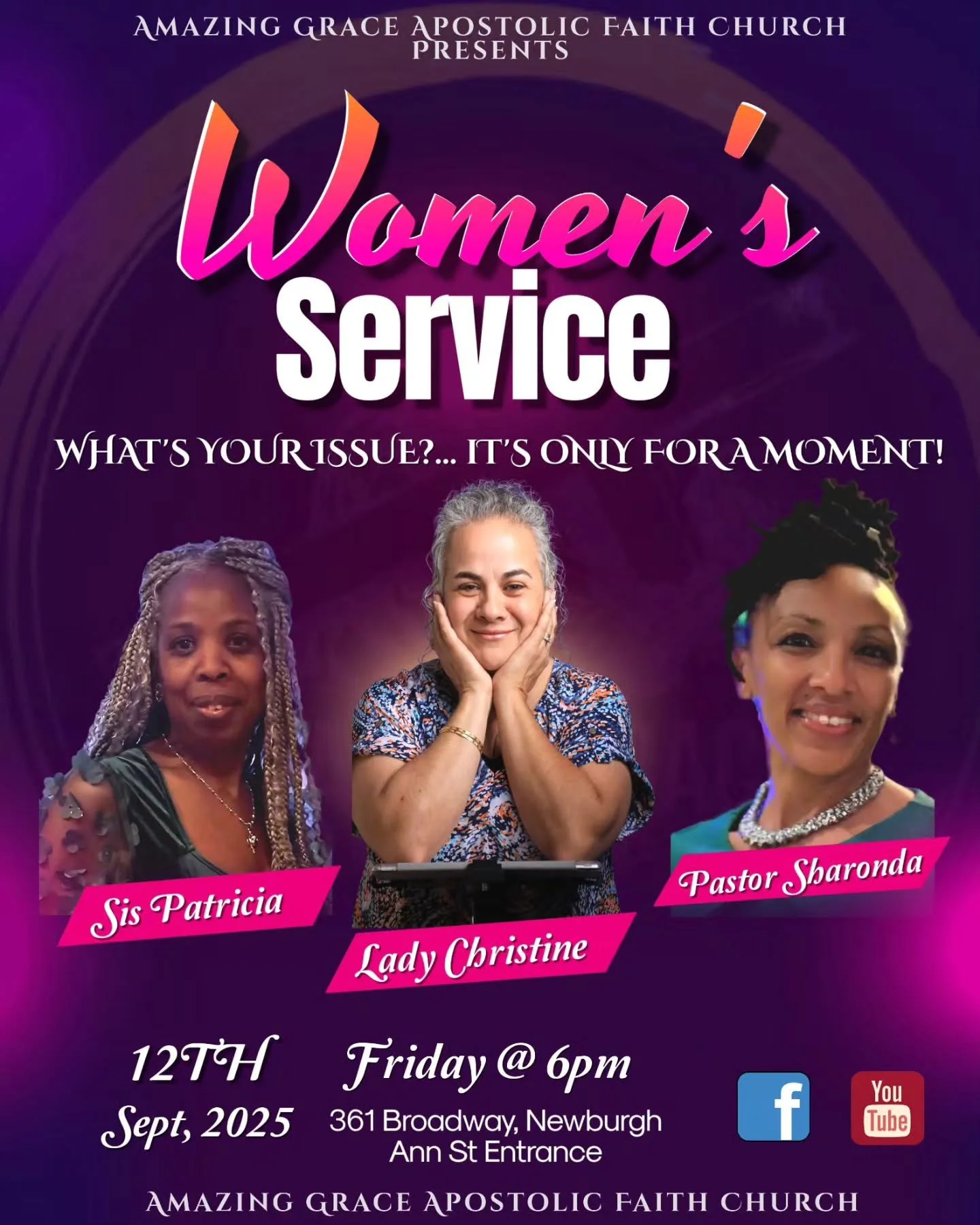 Join the Women of AGC on Friday, September 12,

 2025 for a Women&rsquo;s Service with three speakers

 that will expound on the word of the Lord. 

Watch how the Lord Minister's through these 3

 beautiful Women of God.

Please invite a family membe