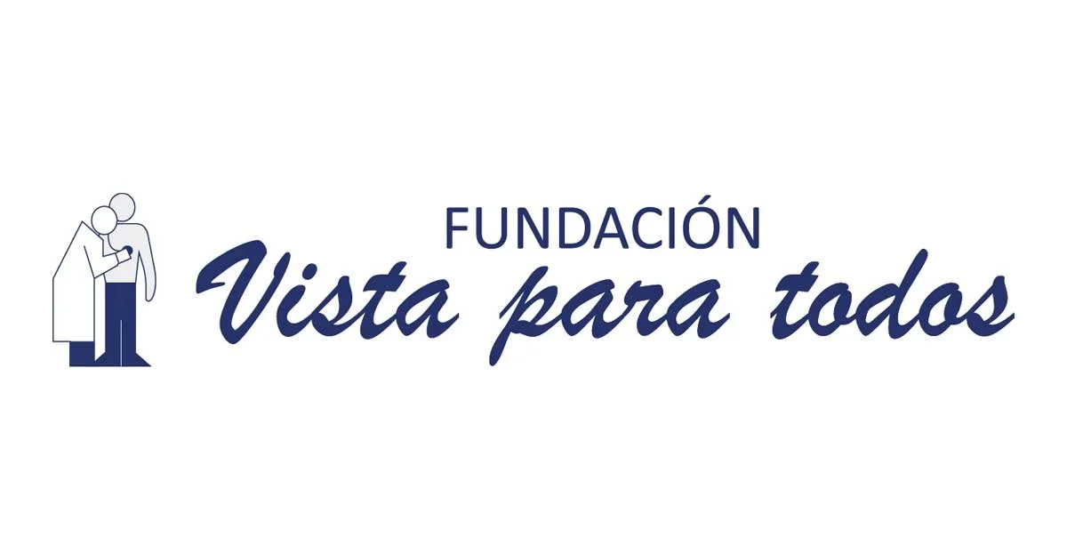 Logo of Fundación Vista para todos featuring a line drawing of two elderly people, one helping the other, with the foundation's name in blue text.