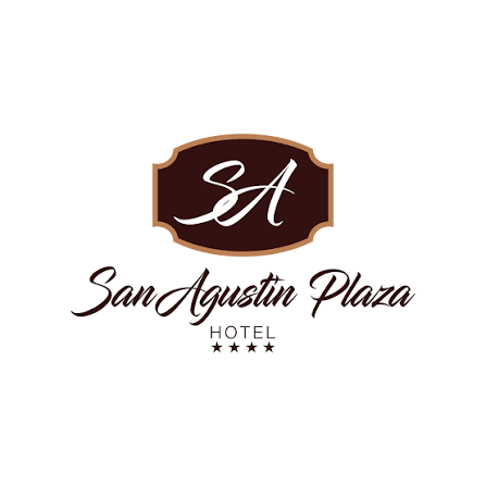 Logo of San Agustin Plaza Hotel, featuring a dark brown shield with a beige border and stylized white initials 'SA' inside, with the hotel name and four stars below.