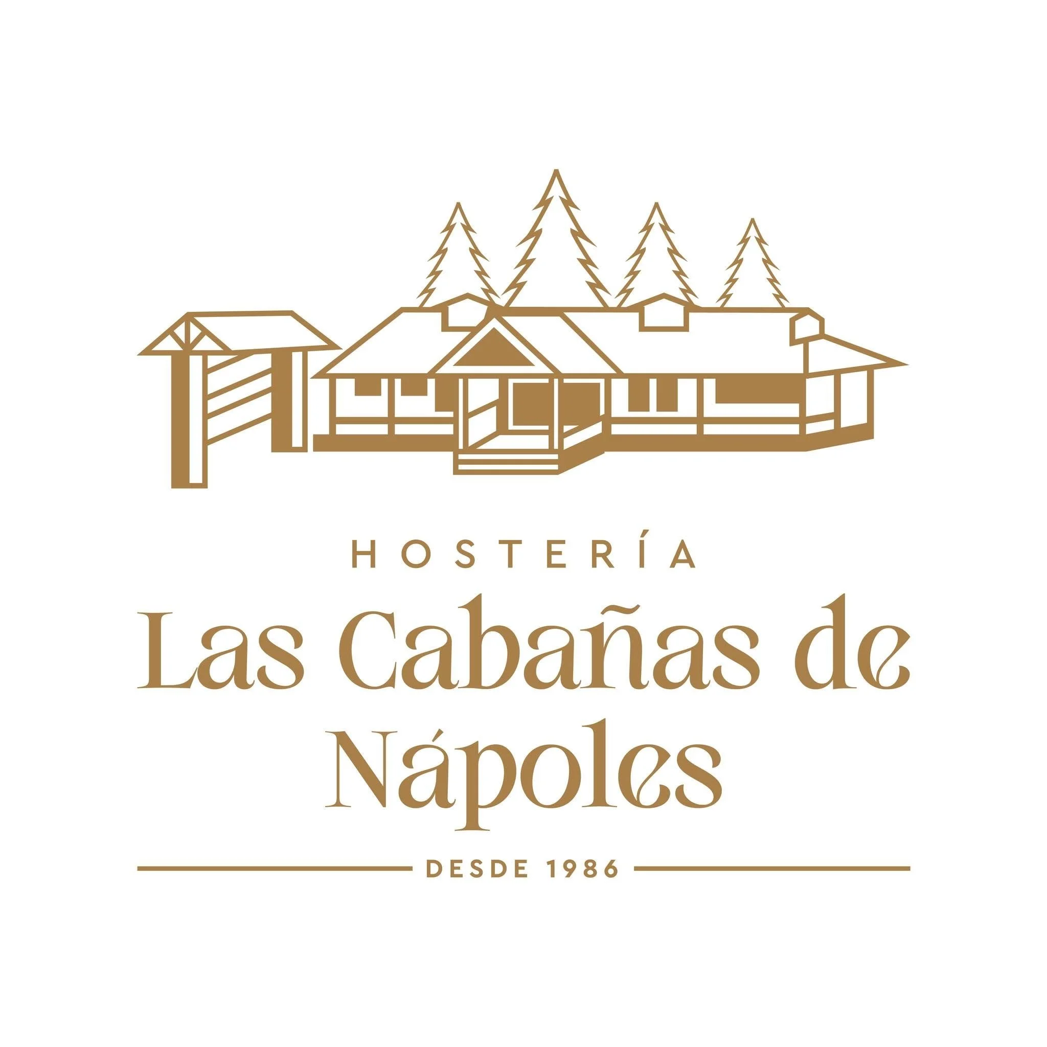 Logo of Hospedería Las Cabañas de Nápoles, a hospitality establishment established in 1986, featuring a line drawing of buildings and trees in brown color.