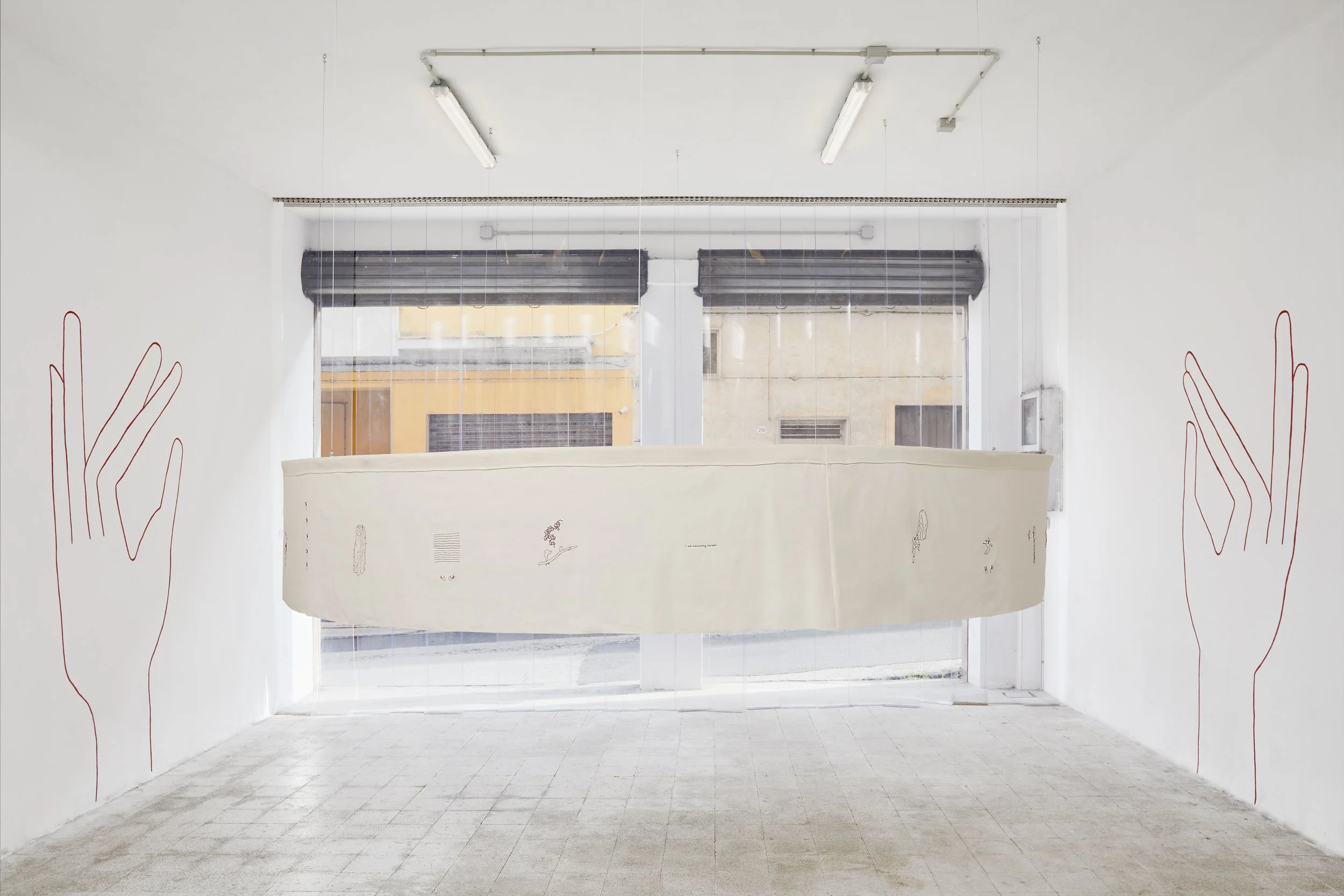 Exhibition view of it is a body, it is your body, Zoe Meyer's solo exhibition, curated by Théo-Mario Coppola, GARAGE FONTANA, Modica, Italy, 2025-2026 | Photo: Natale Leontini, Courtesy: Zoe Meyer and GARAGE FONTANA