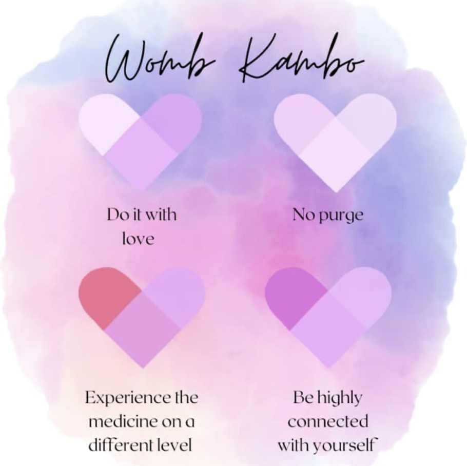 "Womb Kambo infographic with heart symbols and text. Features phrases: 'Do it with love,' 'No purge,' 'Experience the medicine on a different level,' 'Be highly connected with yourself' on a pink and purple gradient background."