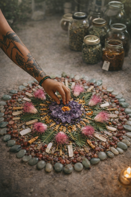 Tattooed arm placing a flower in the centre of a floral mandala on the ground, with jars of herbs in the background.