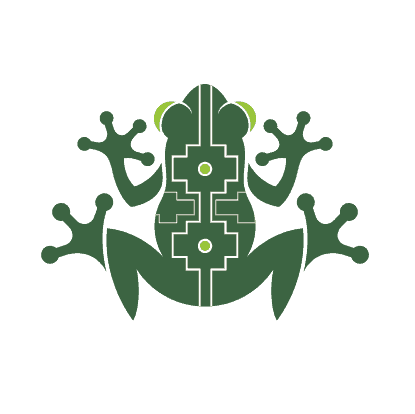 Abstract green frog with geometric patterns on its back.