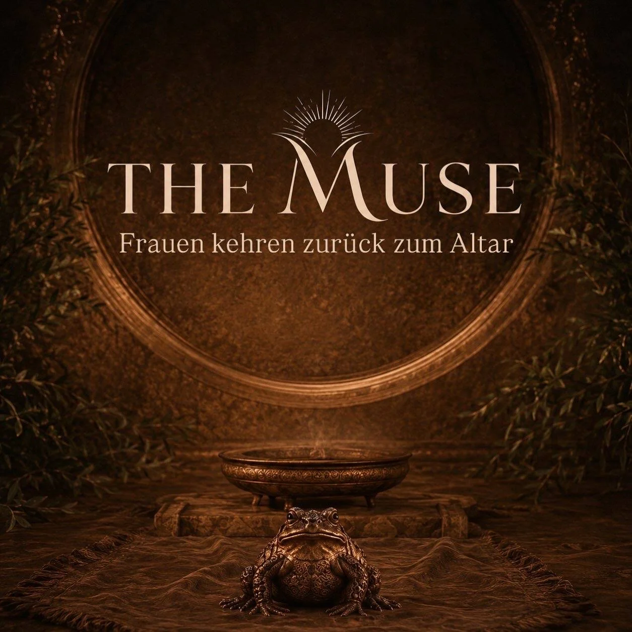 Two women dressed in vibrant, patterned clothing sitting close together with a large frog figurine in front of them. Behind them, a sign reads 'The Muse' with a decorative sunburst design above the text. The background is dark with greenery on the sides.