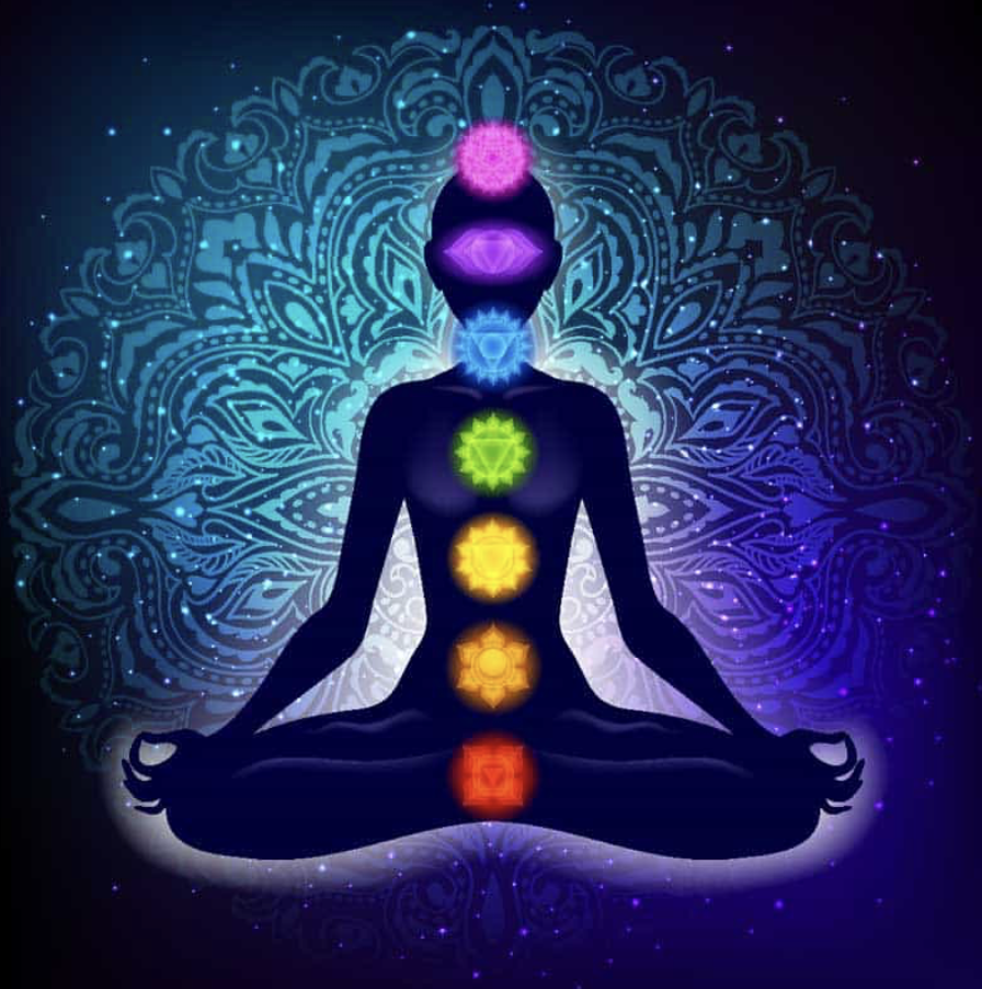 Silhouette of meditating figure with chakras aligned, colorful mandala background.