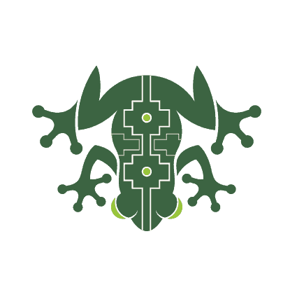 Stylized abstract frog illustration with geometric patterns in green.