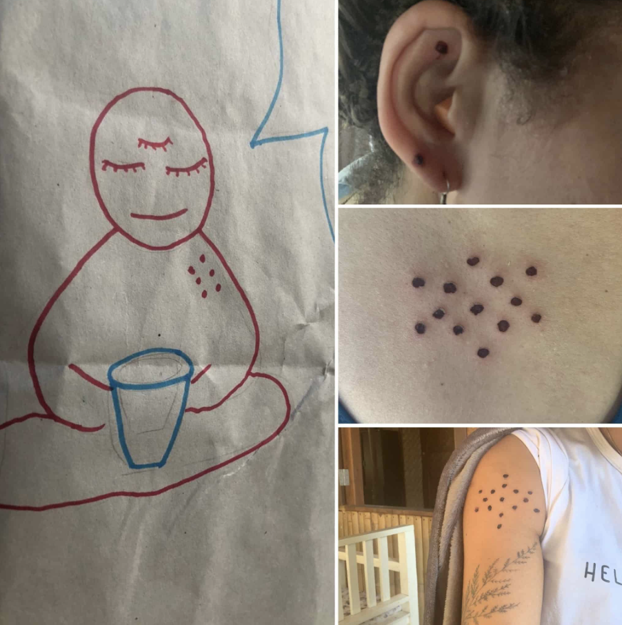 Collage of four images. Top left: A drawing of a figure with closed eyes and a cup, with dots on its shoulder. Top right: A pierced ear with dots nearby. Bottom right: Close-up of dots on skin. Bottom left: Dots tattooed on a shoulder next to a leafy tattoo.
