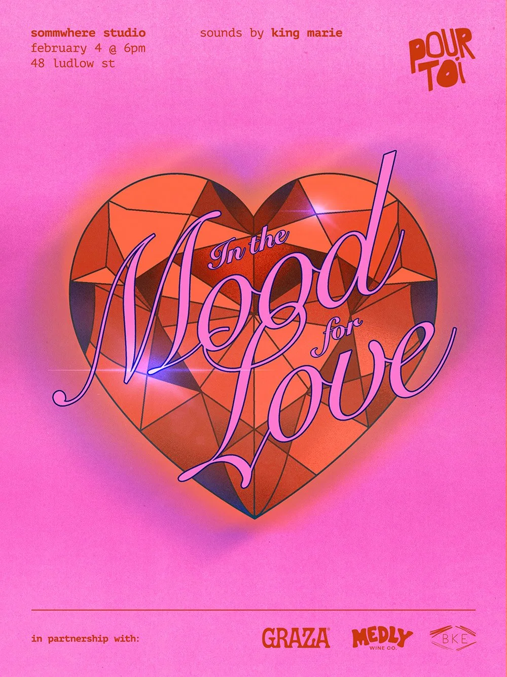 Pink promotional poster for Pour Toi event titled 'In the Mood for Love,' featuring a heart-shaped, geometric design, with additional details about the event, date, location, and sponsors.