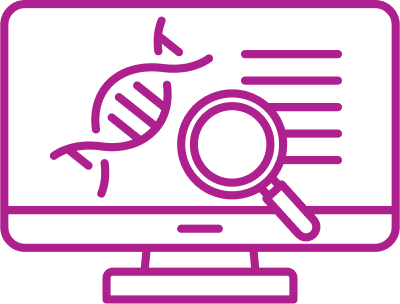 Computer with magnifying glass and DNA strand conducting genomic research