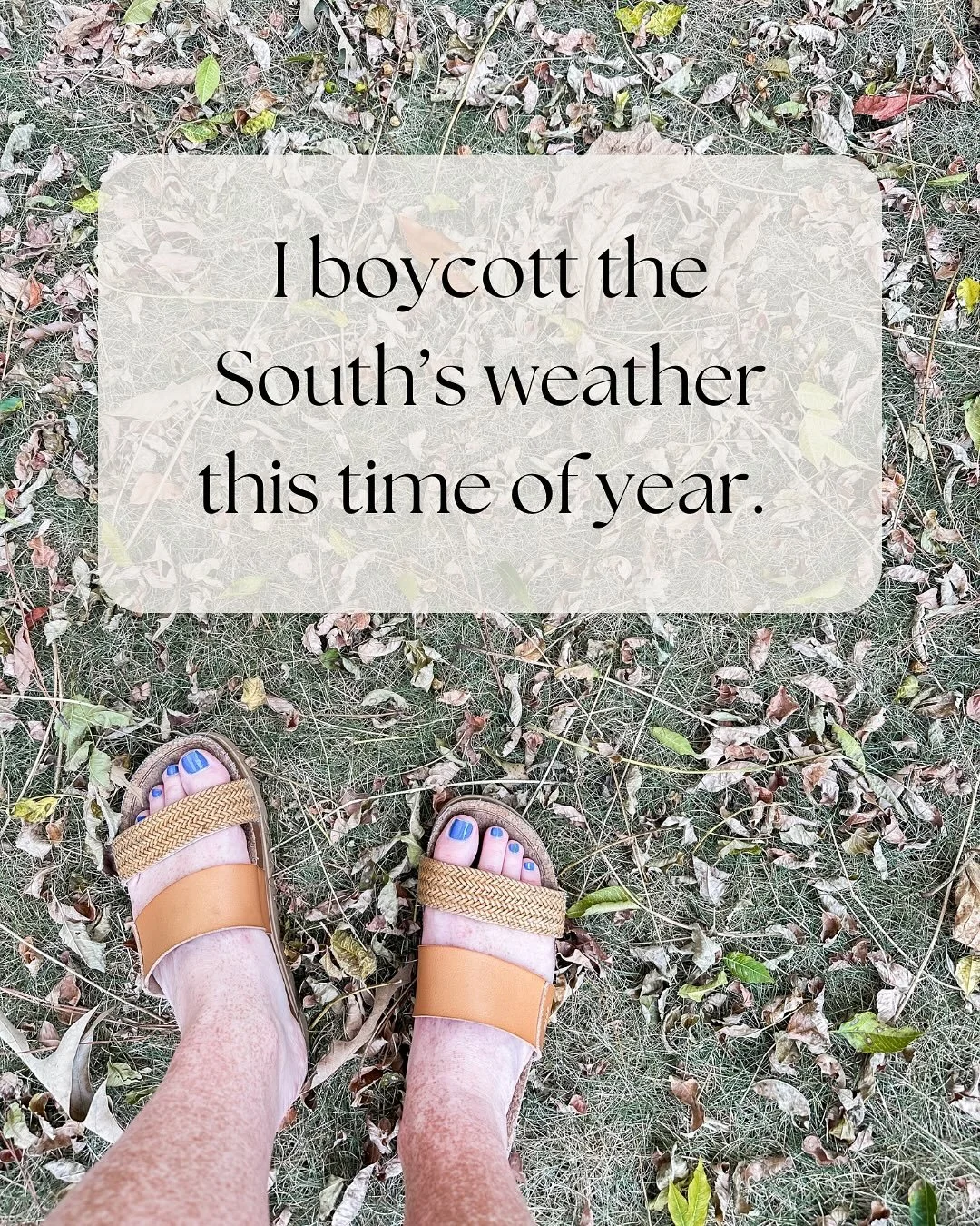 🍂 How are you learning to embrace the season you&rsquo;re in? 

//

I boycott the South&rsquo;s weather this time of year.  
The tips of the trees are already mustard and rust, but the cooler temps of autumn won&rsquo;t show up until long after we&r