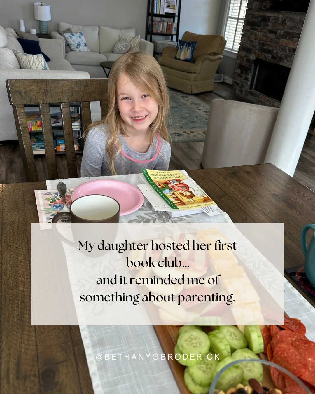 My daughter hosted her first book club last month. 📖 She chose the book (Little House in the Big Woods) and invited her friends who are also homeschooled. She asked for a &ldquo;security&rdquo; (aka charcuterie) board and lemon tea&mdash;her favorit