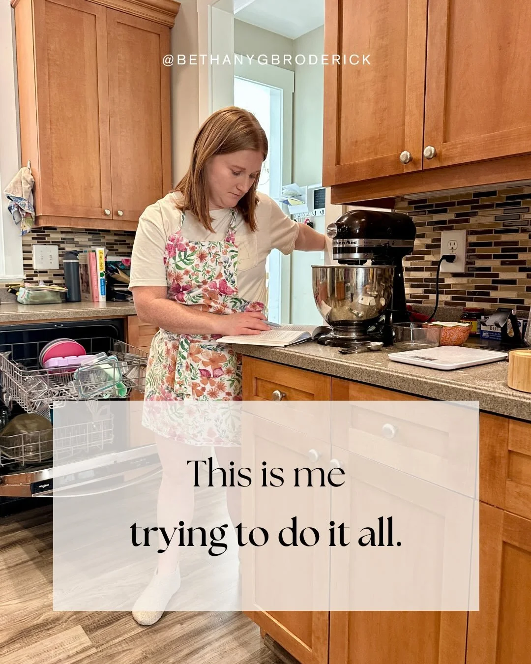 &ldquo;What are you doing?&rdquo; my daughter asked, walking into the kitchen to see me like this. 
Kneading dough to take bread to a neighbor. Reading for my church&rsquo;s women&rsquo;s discipleship class. Stretching the shoulder I injured in a wor