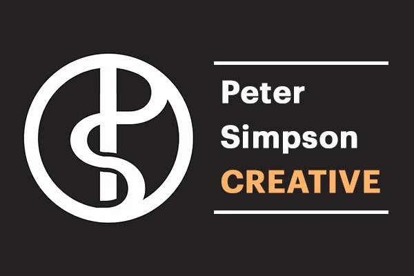 Logos with circular design and Monogram P and S, and text 'Peter Simpson CREATIVE' on a black background.
