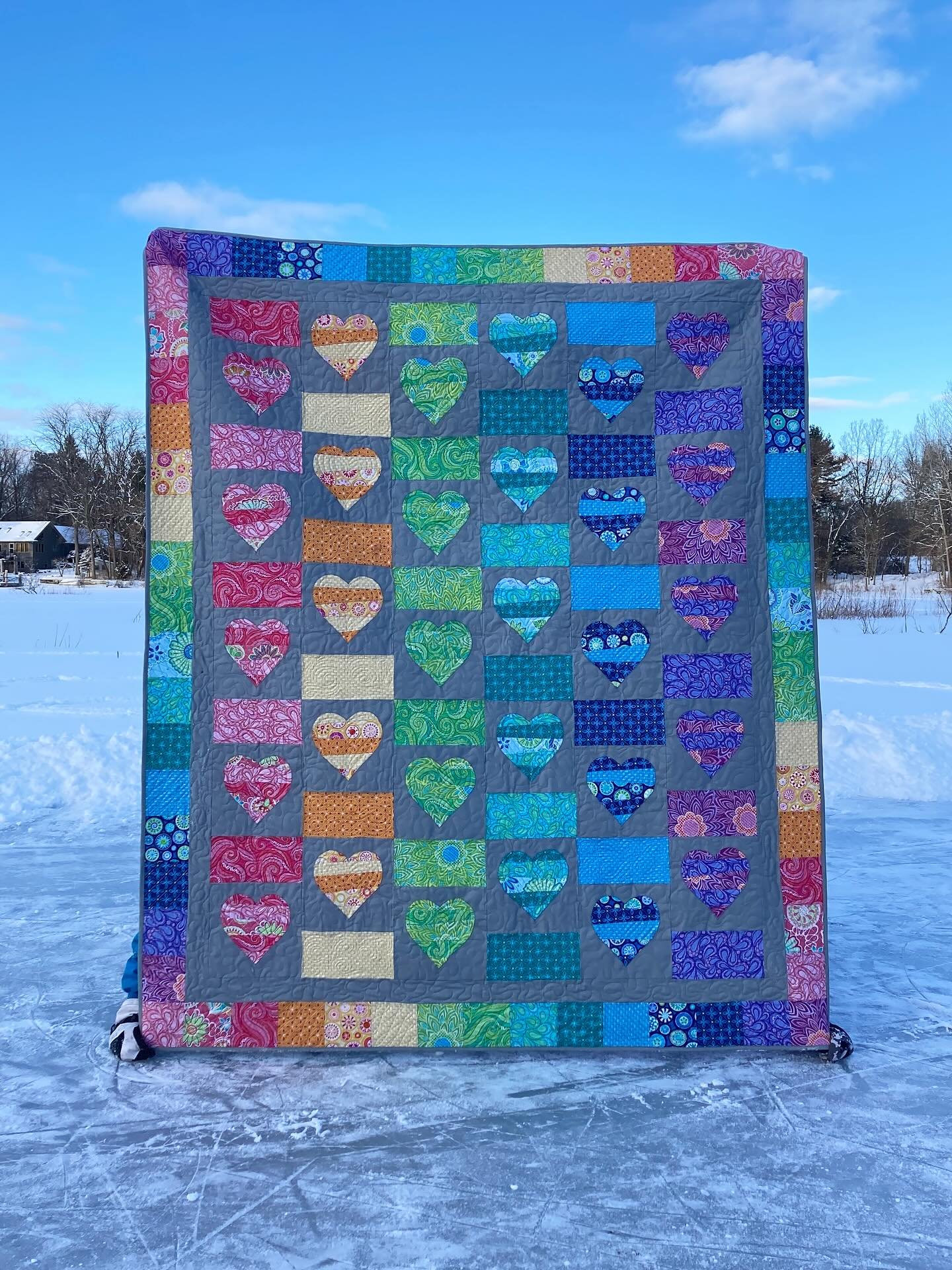 A heart 🌈 quilt in celebration of Pride Month.
Showing this quilt today seems extra appropriate because: 
It&rsquo;s 95 degrees here and every is sweating - maybe a quilt pic on the snow gives off cooling vibes?!? ❄️
The world is a scary place right