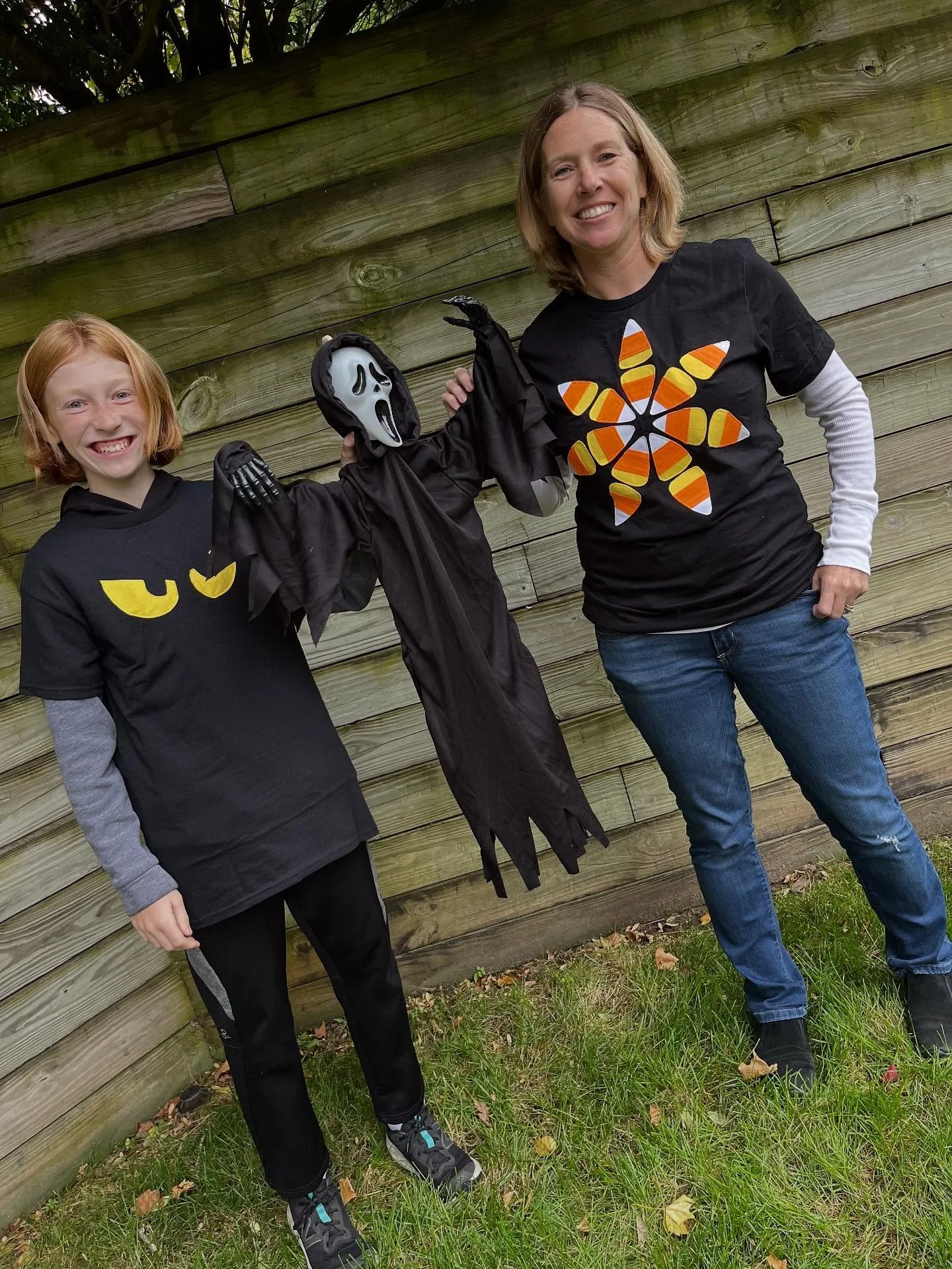Jojo and I made these Halloween shirts a couple years ago, and I wore mine last week for a Thermoweb FB Live and then wore his to a Halloween party last night! They&rsquo;re the ultimate festive non-costume. 
To find the tutorial, go to the Thermoweb