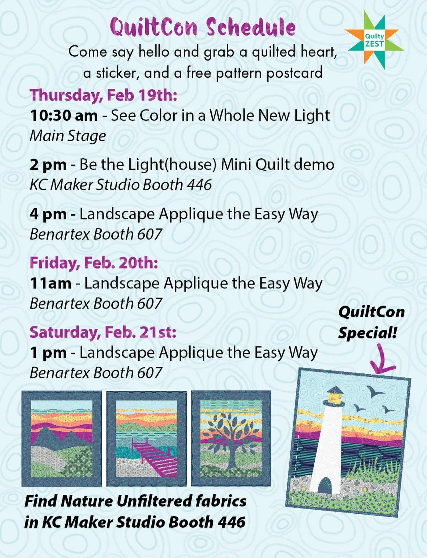 After 2 days of last-minute sewing and demo prepping and packing, I&rsquo;m at QuiltCon and ready to go! 
Here&rsquo;s where you&rsquo;ll find me - come say hello! 
#quiltcon2026 #benartexfabrics #natureunfiltered