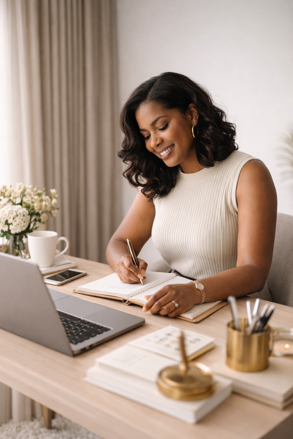 A woman sitting at a wooden desk, writing in a notebook with a laptop, a white mug, a smartphone, and decorative items including a flower vase and gold-colored desk accessories.