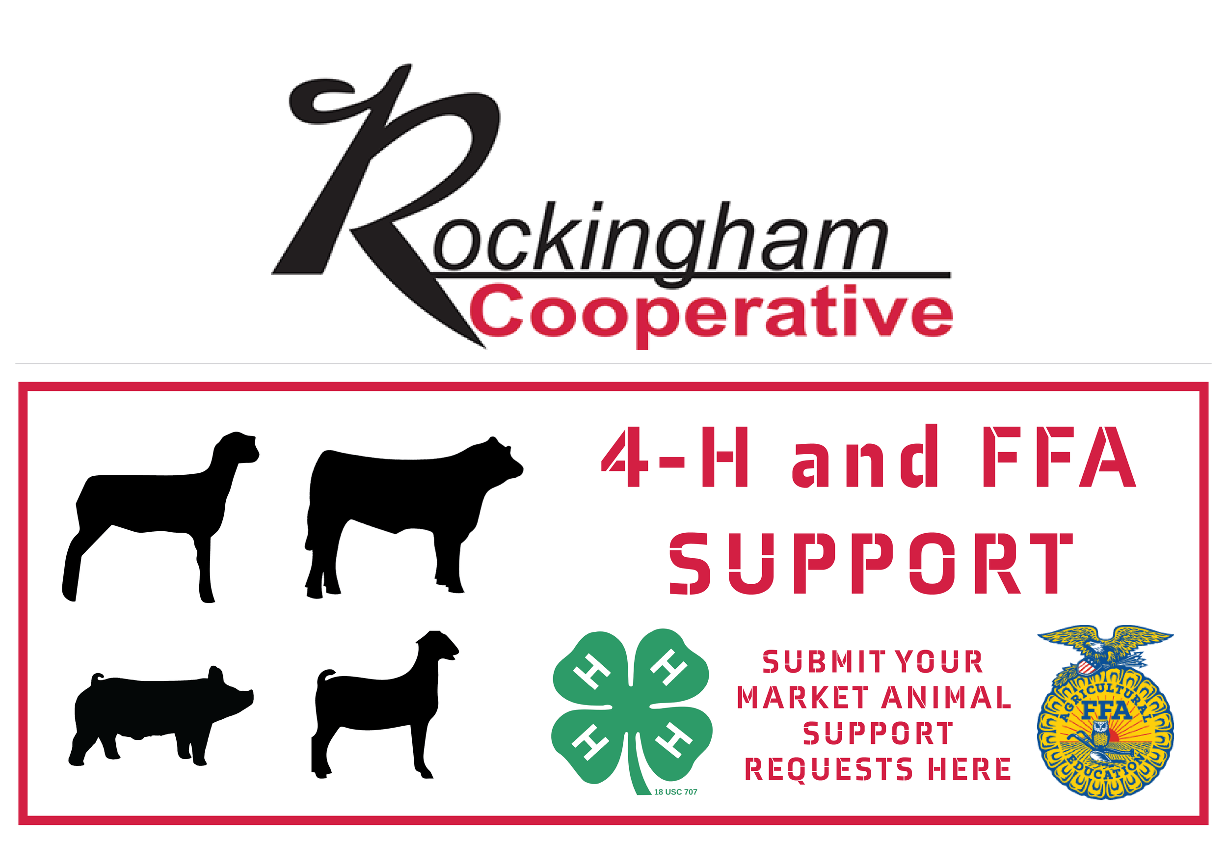 Rockingham Cooperative logo with silhouettes of four market animals: a sheep, a cow, a pig, and a goat. Text promoting 4-H and FFA support and the submission of market animal support requests, with 4-H and FFA logos.