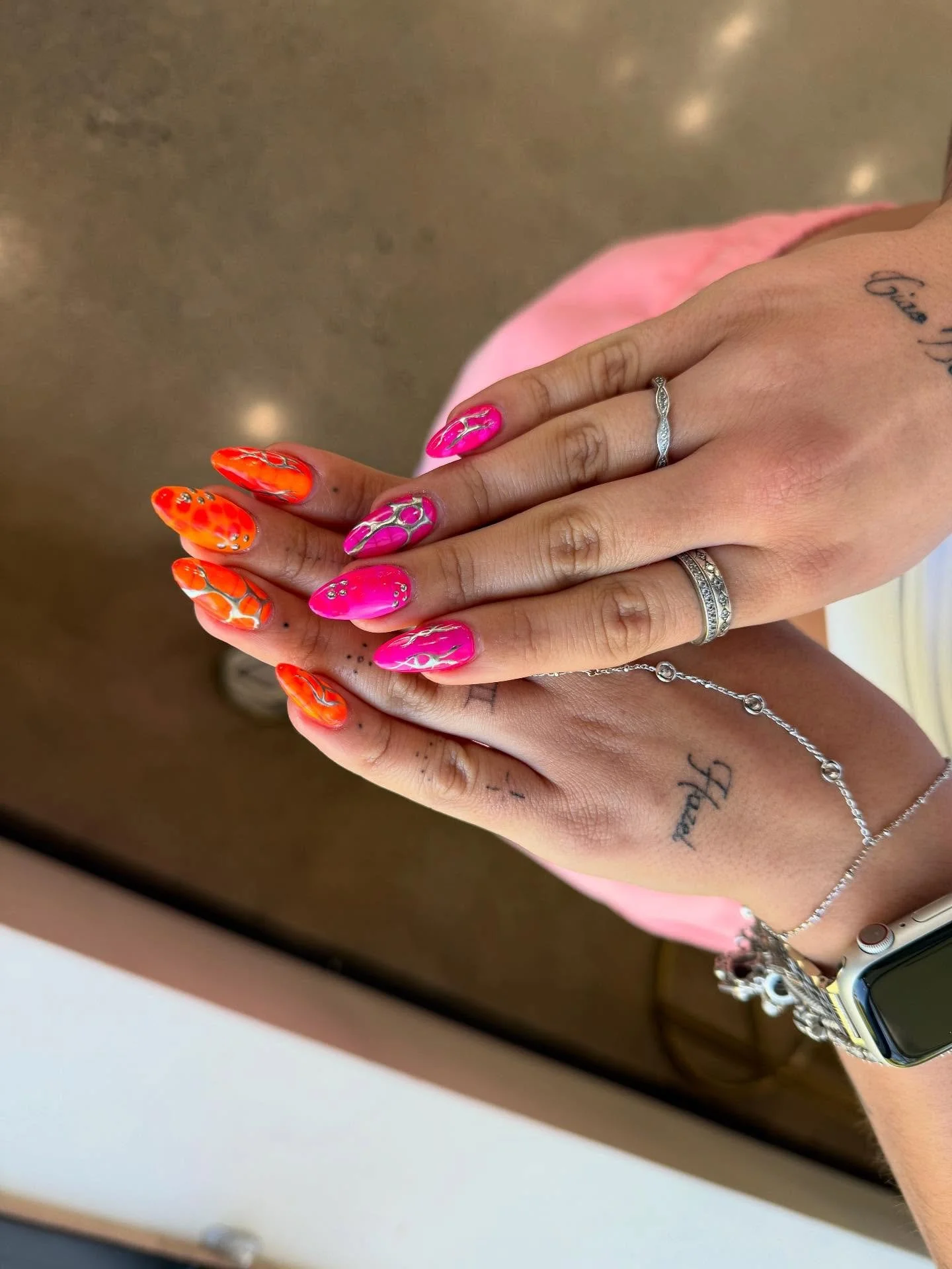 Summer called.
Pink &amp; orange &mdash; Spicy &amp; sweet
🧡🩷

#SummerNails2025 
#NeonNails 
#HotGirlNails 
#NorthvilleNails 
#MichiganNailTech 
#BaddieMani 
#NailArtInspo 
#BoldNailDesigns 
#NailGameStrong 
#EdgyNailArt 
#TheTylerCollection 
#Audr