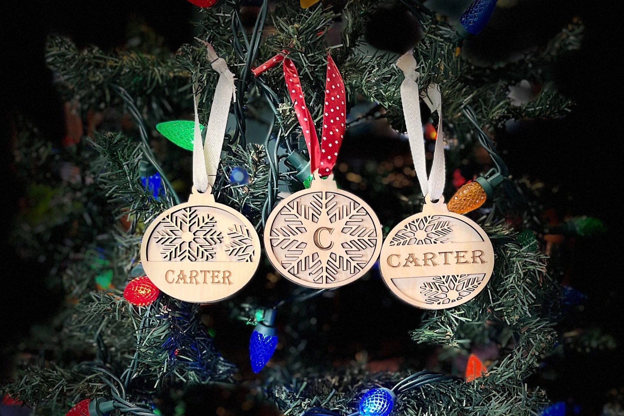 laser cut and engraved personalized Christmas ornaments