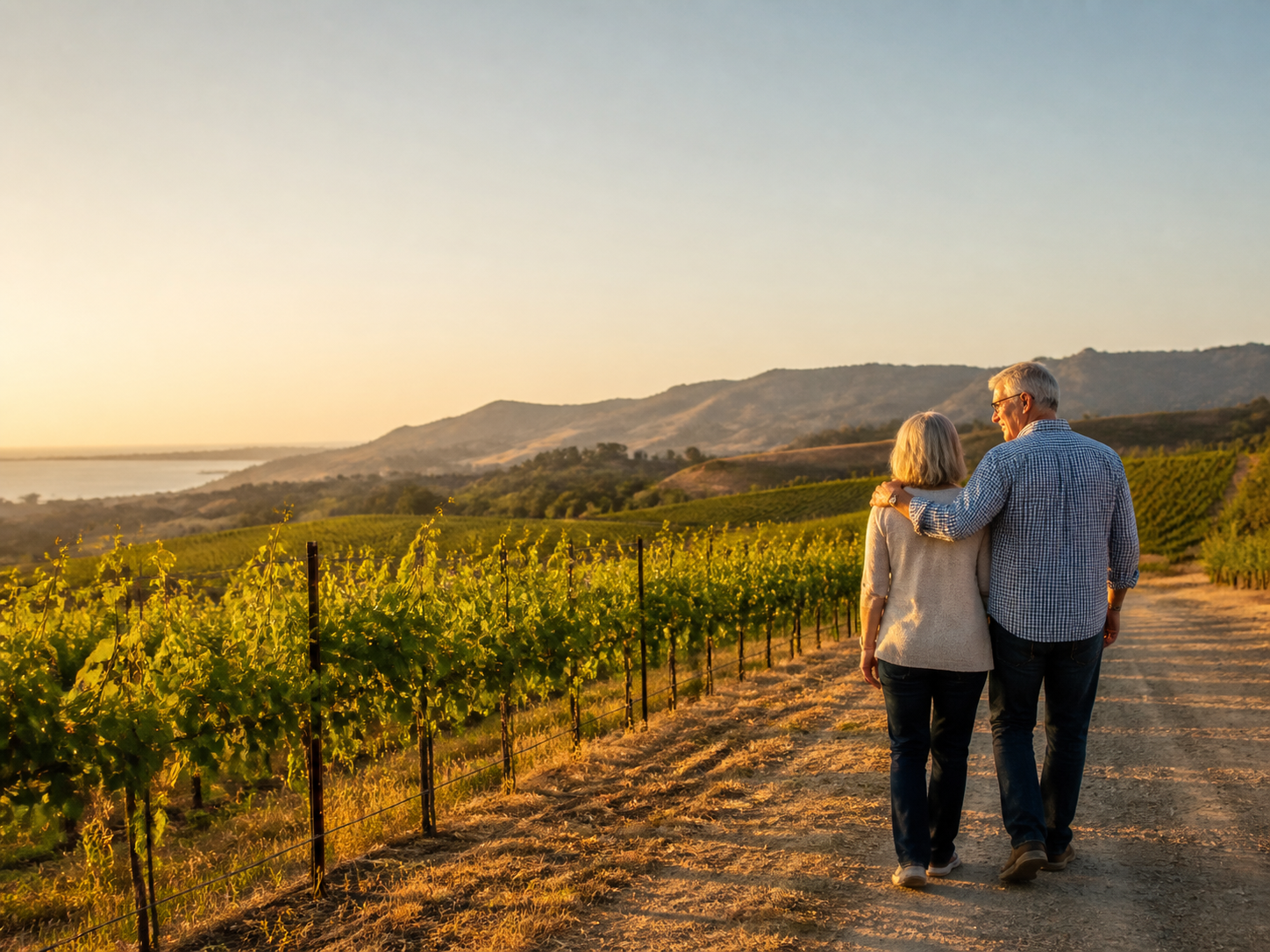 Older couple walking through a Central Coast vineyard in San Luis Obispo County.