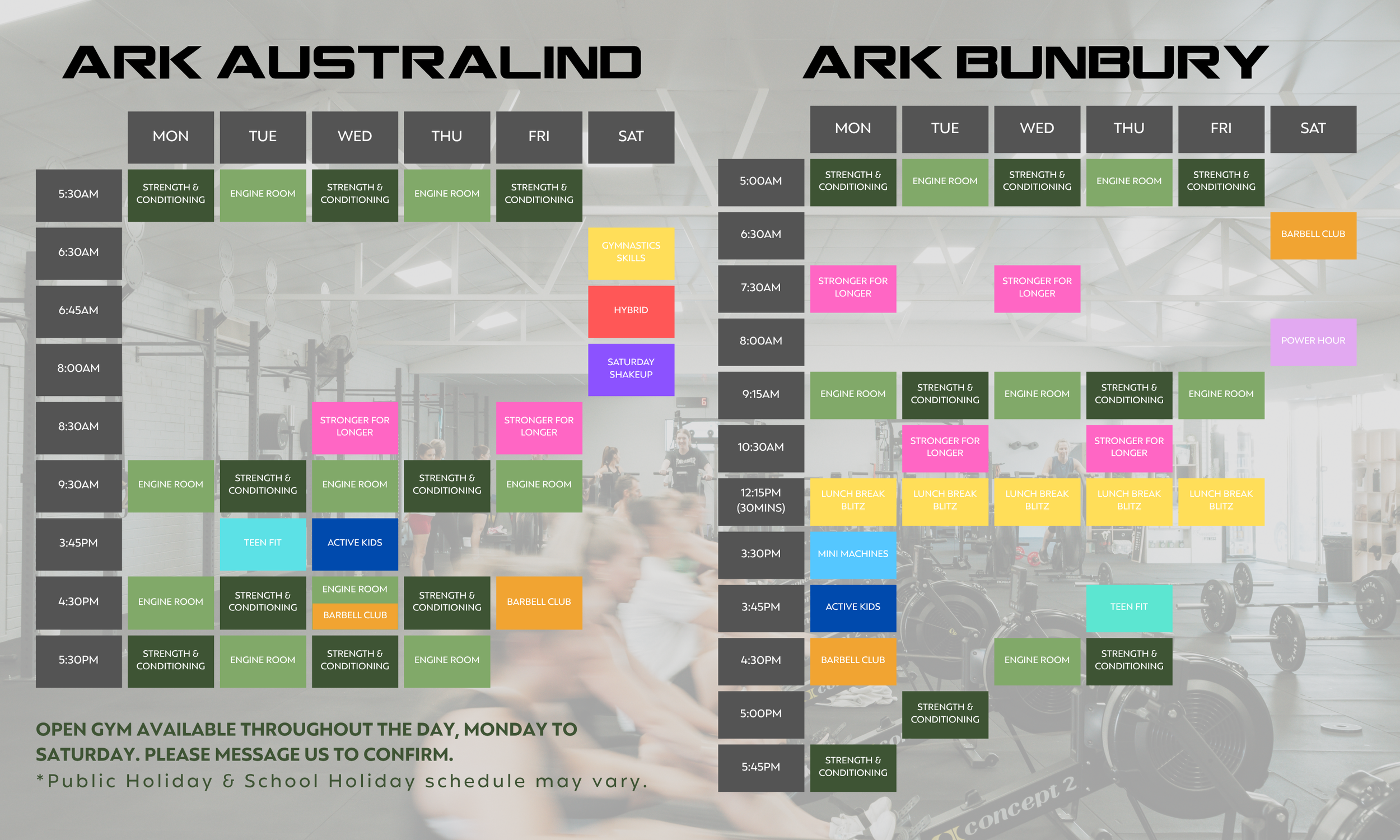 Weekly gym class schedule for Ark Australind and Ark Bunbury with timings and class names on a grey and white background.