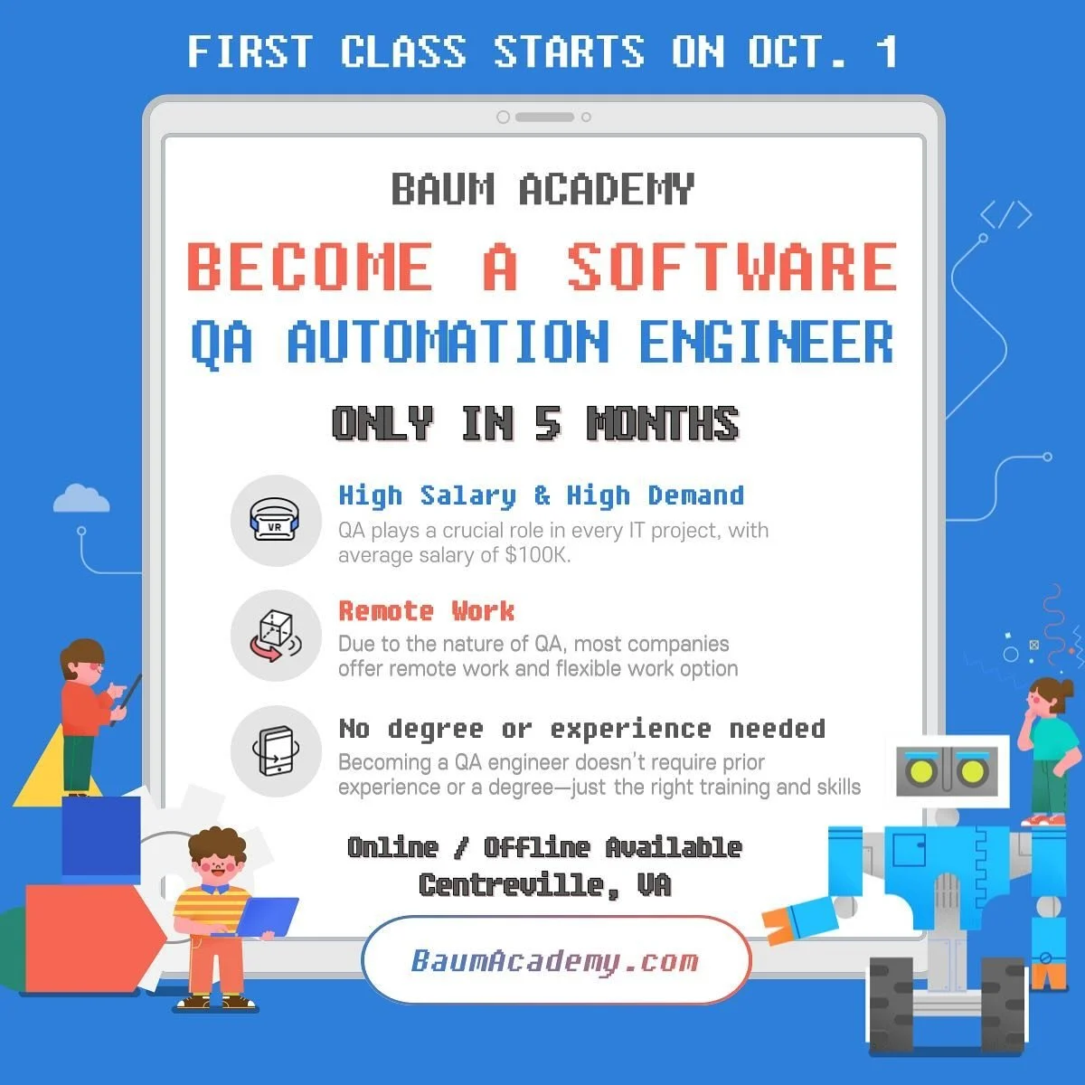 Become a software tester in 5 months with Baum&rsquo;s QA Curriculum. Register by Sep 30 to receive a discount. Visit our profile to learn more.

#BaumAcademy #배움아카데미 #bootcamp #qa #sdet #coding #버지니아 #센터빌 #부트캠프