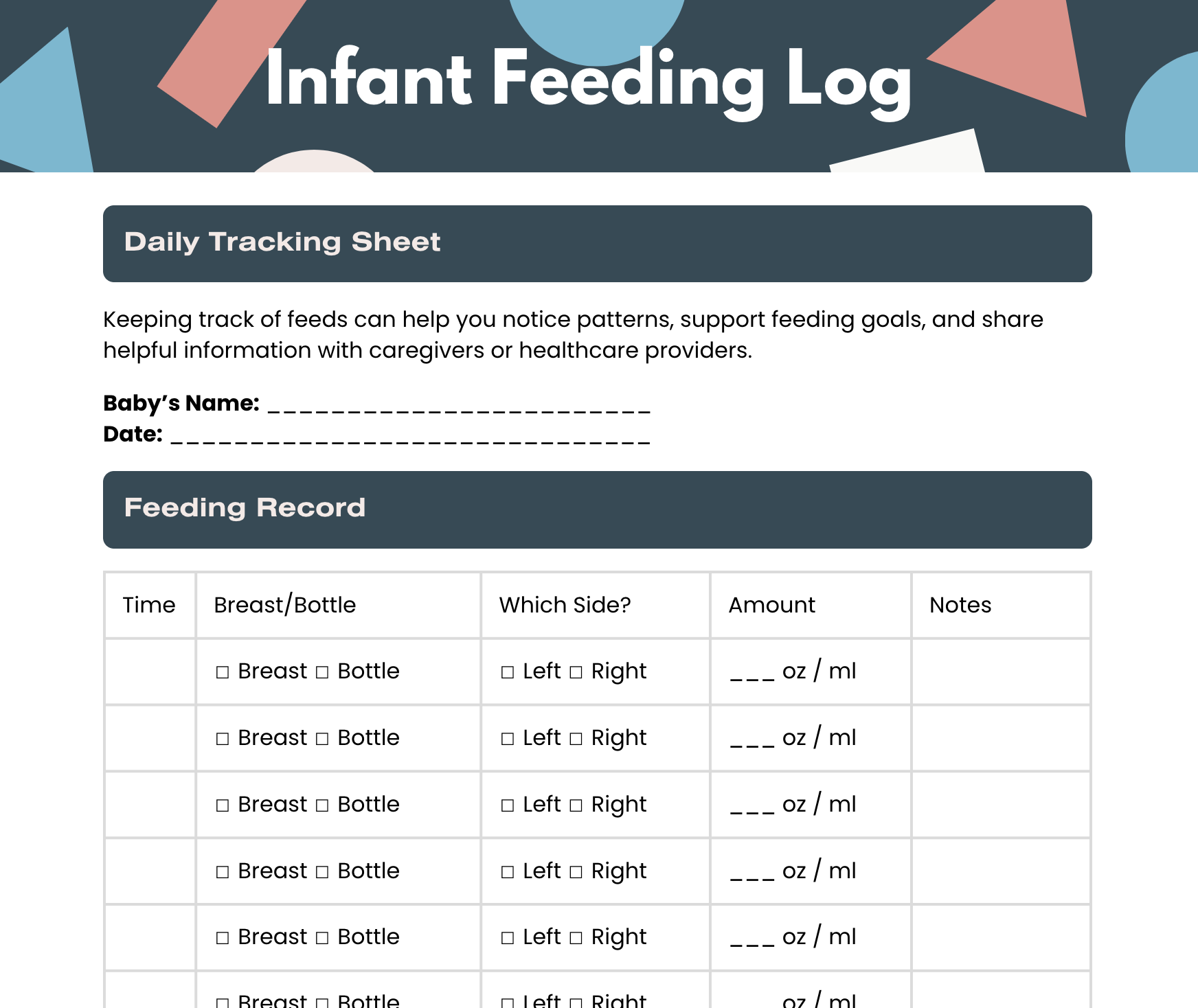 Infant Feeding Log