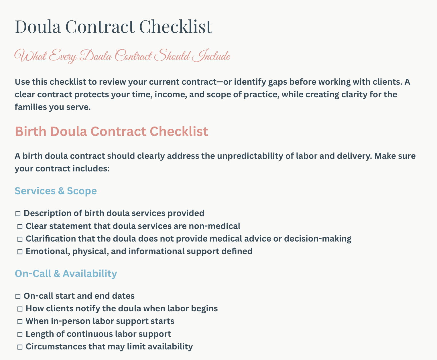 doula free resource, contract checklist